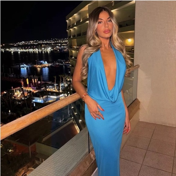 Zara Long Draped Halter Dress Cowl Neckline Electric Blue 8342/364 014/287 - Picture 3 of 10